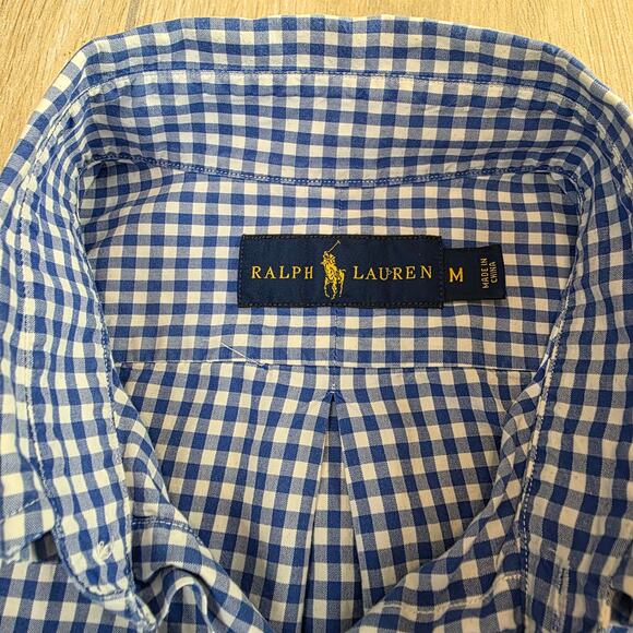 Ralph Lauren Men's Size Medium Blue Gingham Button-Down Shirt Cotton Orange Logo - Picture 3 of 7